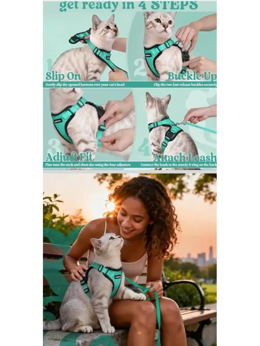 Xs Cat Harness and Leash Set Adjustable Soft Mesh Teal Aqua Size XS Cat Walking